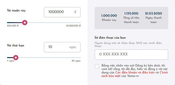 đăng ký vay tiền tại vamo