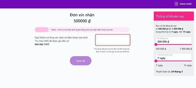 Nhập mã OTP hoàn thành hồ sơ đăng ký vay tiền takomo