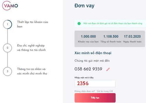 nhập mã OTP vay tiền vamo