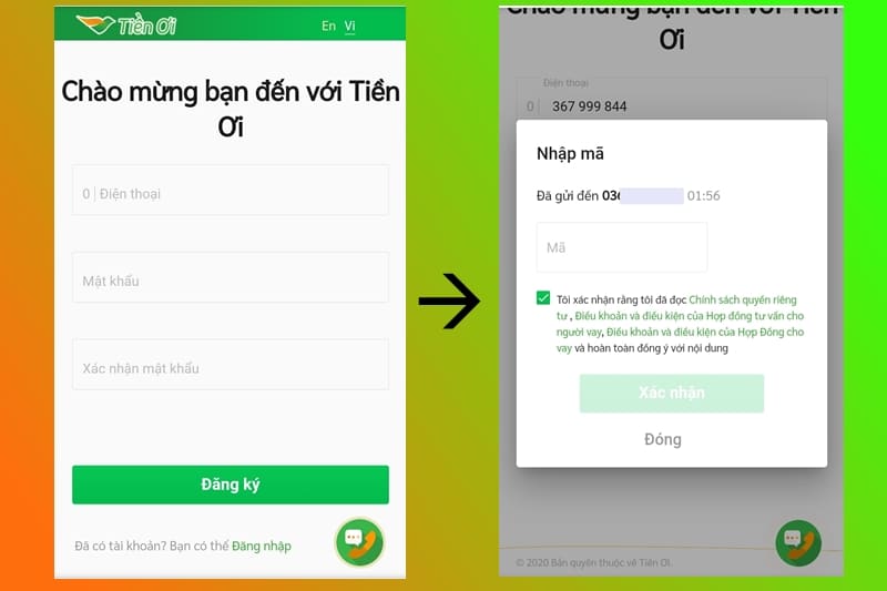 Nhập thông tin đăng ký vay tiền ơi