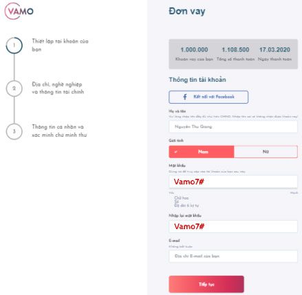 Tạo tài khoản vay tiền vamo