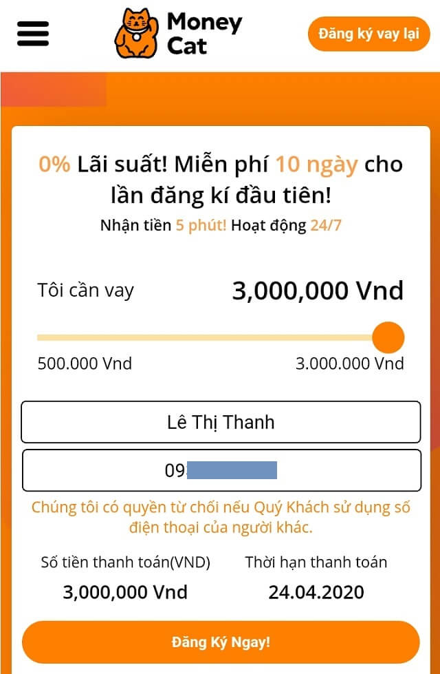 Đăng ký hạn mức vay tiền