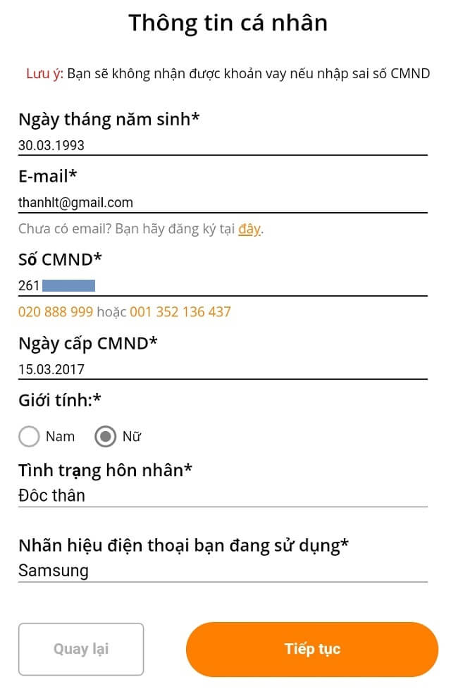 Điền thông tin cá nhân