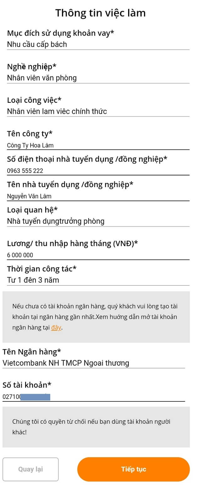 Điền thông tin việc làm hiện tại