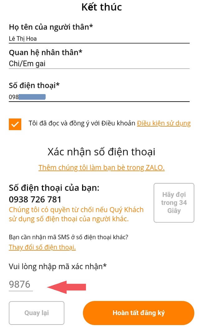 Cung cấp thông tin tham chiếu và mã OTP