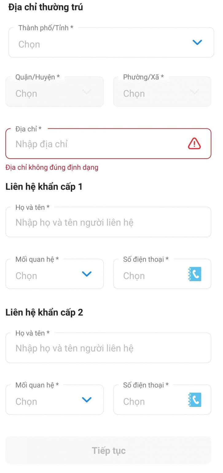 Điền địa chỉ thường trú và bấm Tiếp Tục