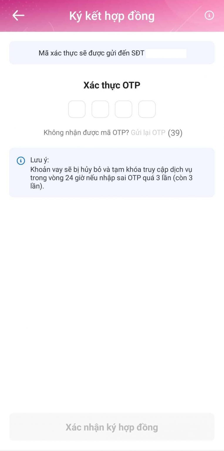 Nhập mã OTP ký hợp đồng