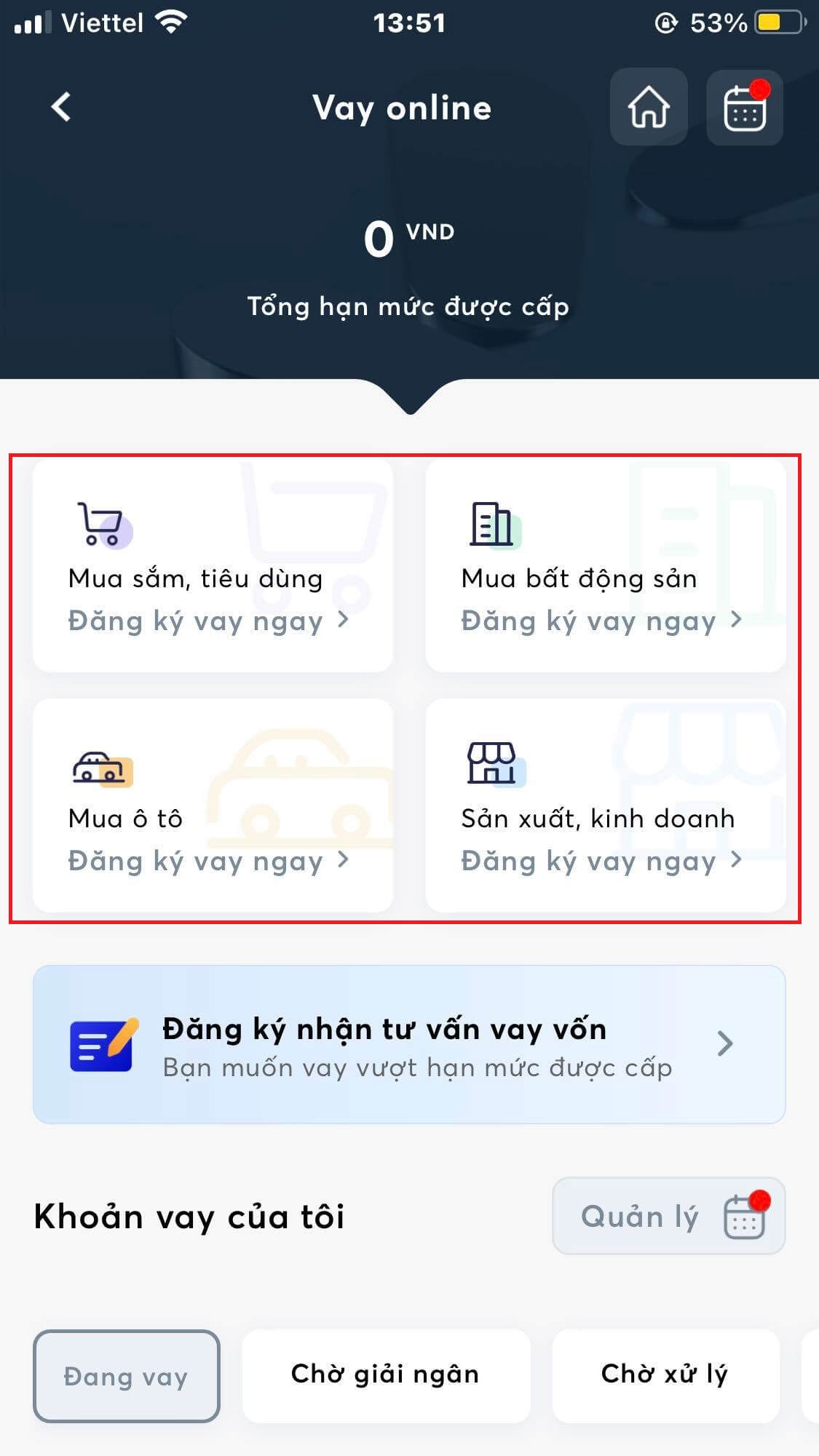 Các sản phẩm vay online trên App Mb Bank